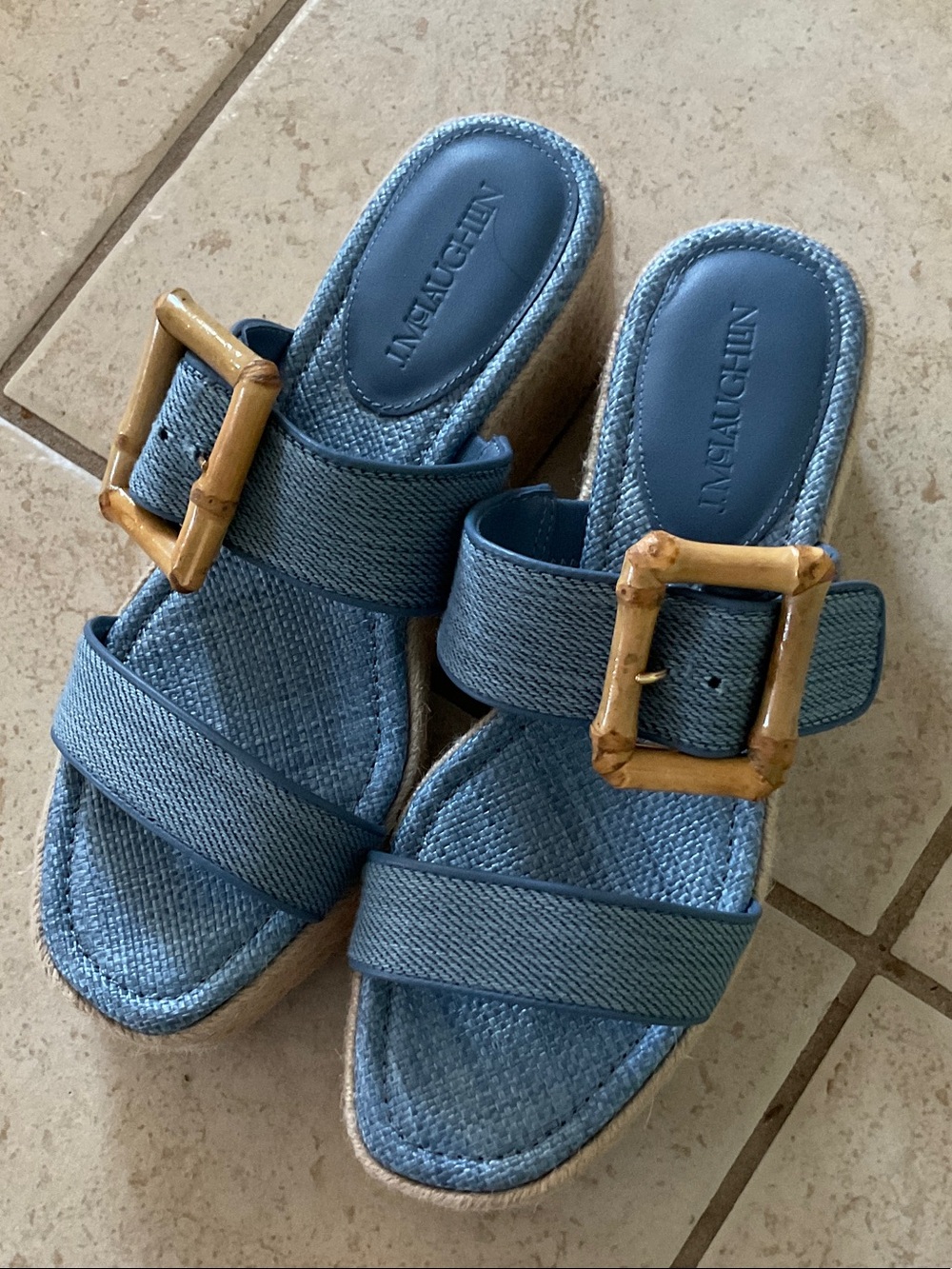 J. McLaughlin Denim Blue Woven Slide Mules with Bamboo Buckles